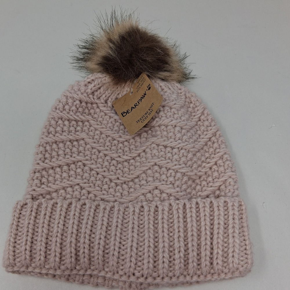 Bearpaw Women Blush Pink Texture Knit Cuff Hat Faux Fur Pom Beanie 11LKR007291